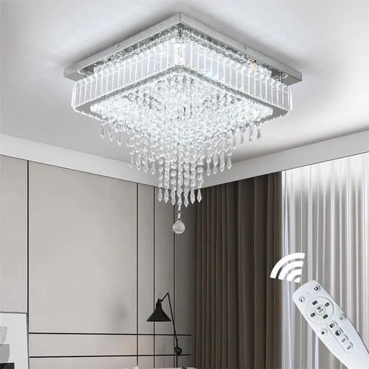 Modern Led Chandelier Dimmable Pendant Light K9 Crystal With Remote Control